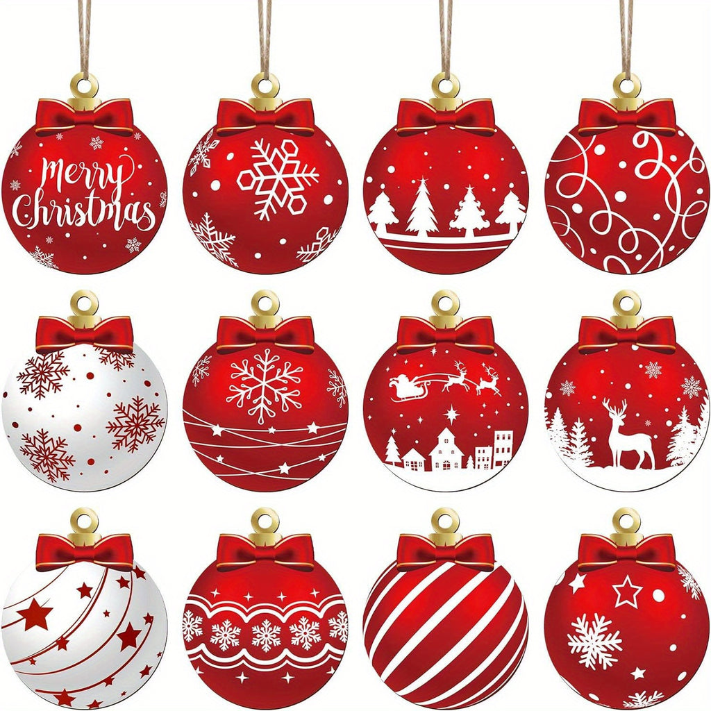 12PCS Christmas Wooden Pendant Christmas Ball Hanging Wooden Pendant Christmas Ball Christmas Tree Craft Decoration for Holiday Home Decoration of Holiday Party