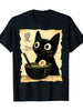 1pc Kawaii Anime Cat Ramen Print T-Shirt - 100% Cotton Crew Neck Casual Tee with Slight Stretch, All-Season Knit Fabric, Regular Fit for Adults