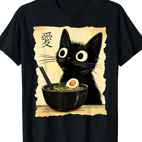 1pc Kawaii Anime Cat Ramen Print T-Shirt - 100% Cotton Crew Neck Casual Tee with Slight Stretch, All-Season Knit Fabric, Regular Fit for Adults