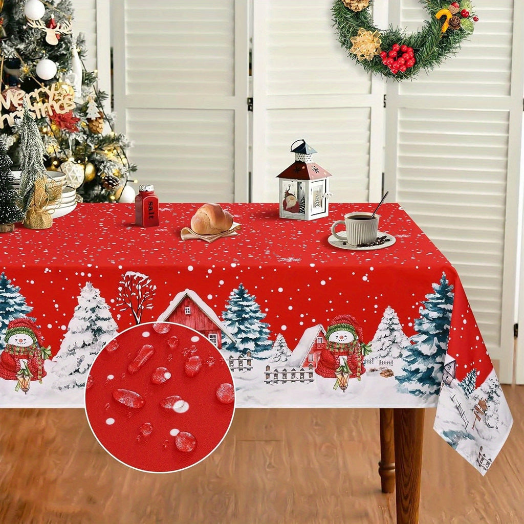 Christmas Tablecloth, Winter Snowman House Christmas Trees Table Cloth, Waterproof Snowflake Tablecloth, Washable Red Christmas Table Cover for Party Kitchen Dining Room