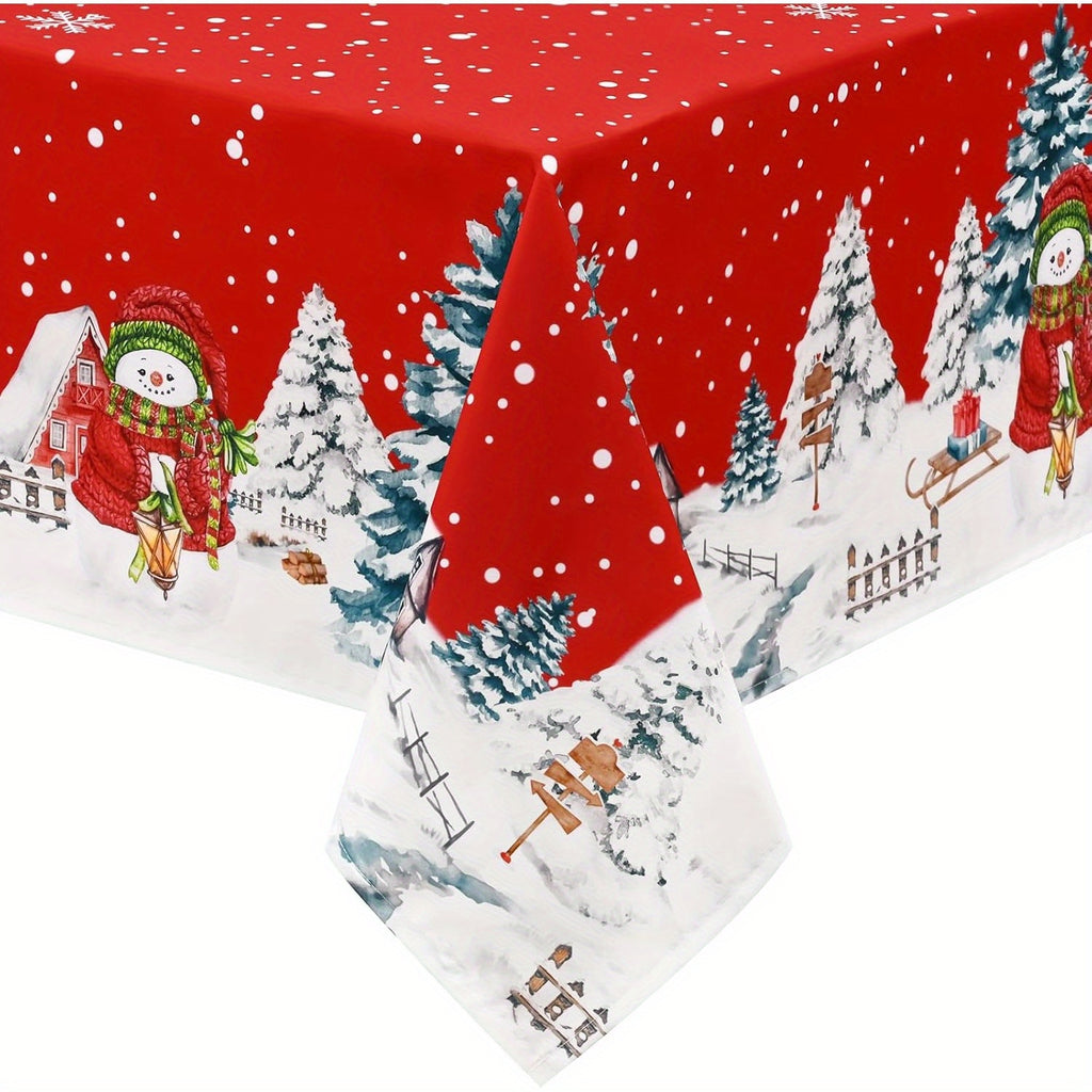 Christmas Tablecloth, Winter Snowman House Christmas Trees Table Cloth, Waterproof Snowflake Tablecloth, Washable Red Christmas Table Cover for Party Kitchen Dining Room