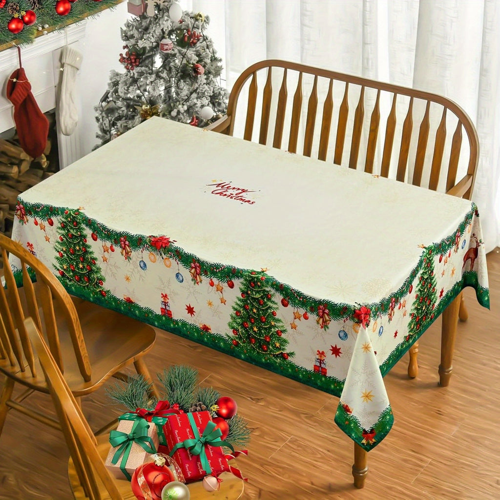 Christmas Tablecloth, Winter Holiday Snowman Green Christmas Trees Table Cloth, Waterproof Snowflake Tablecloth, Waterproof Christmas Table Cover for Party Kitchen Dining Room