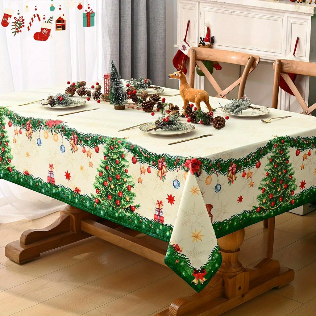 Christmas Tablecloth, Winter Holiday Snowman Green Christmas Trees Table Cloth, Waterproof Snowflake Tablecloth, Waterproof Christmas Table Cover for Party Kitchen Dining Room