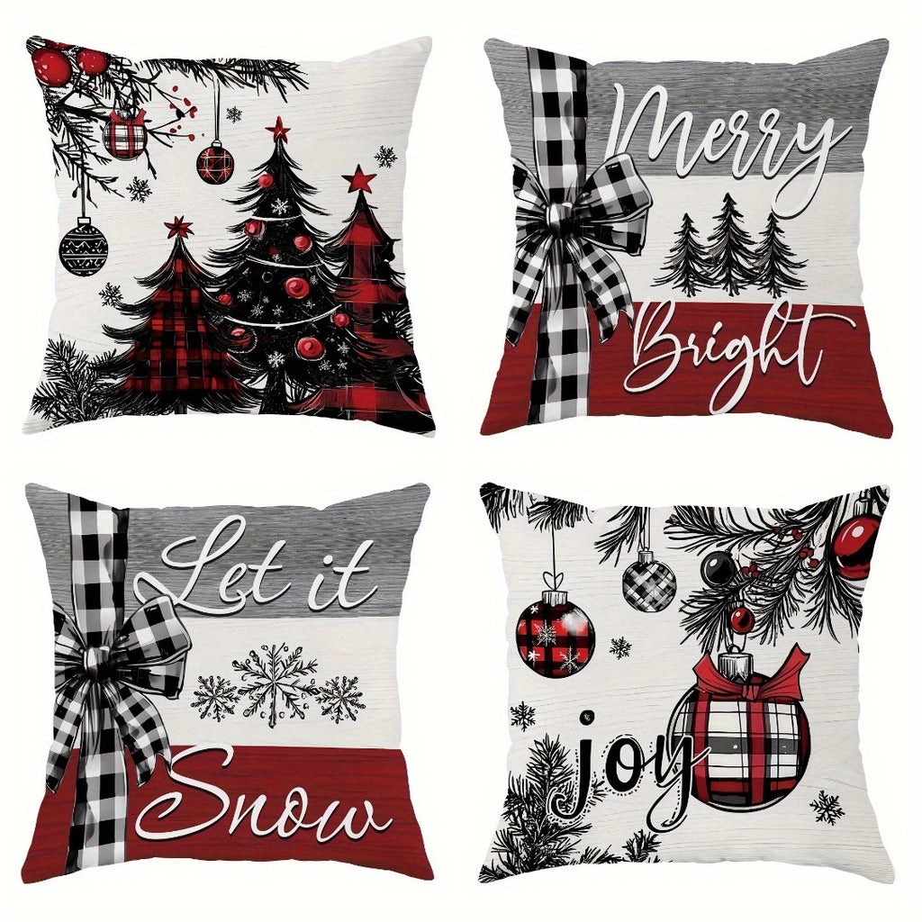 4pcs Christmas Throw Pillow Covers Zippered Snowflakes Christmas Tree and Bow Patterns Decor Pillowcases for Living Room Bedroom Sofa Decor Without Pillow Inserts 18*18inches