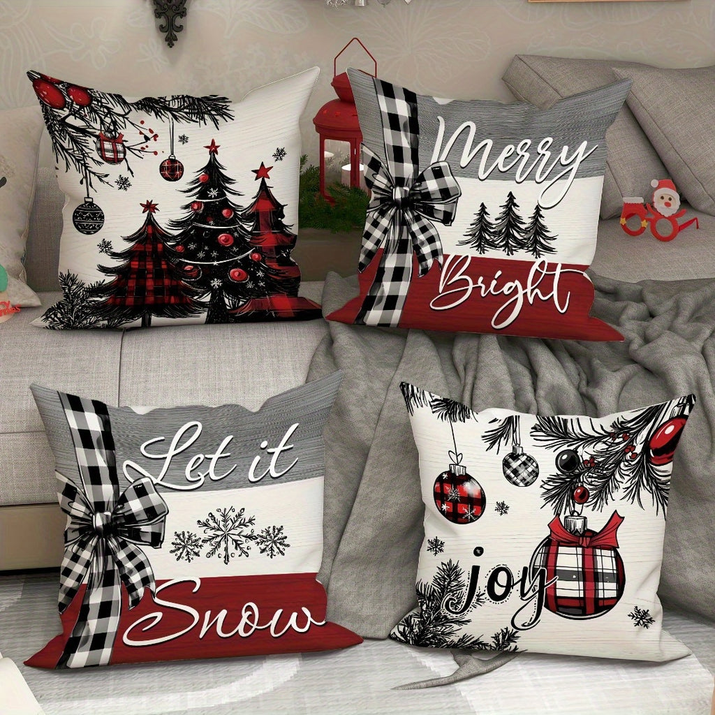 4pcs Christmas Throw Pillow Covers Zippered Snowflakes Christmas Tree and Bow Patterns Decor Pillowcases for Living Room Bedroom Sofa Decor Without Pillow Inserts 18*18inches