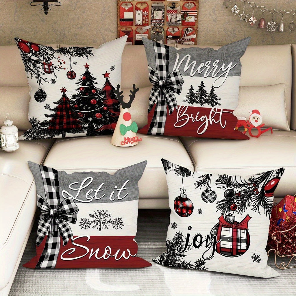 4pcs Christmas Throw Pillow Covers Zippered Snowflakes Christmas Tree and Bow Patterns Decor Pillowcases for Living Room Bedroom Sofa Decor Without Pillow Inserts 18*18inches