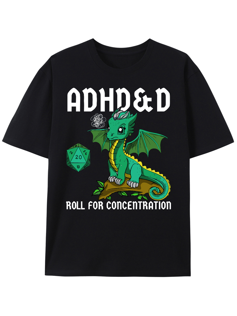 ADHD&D Roll For Concentration Men's Cotton Printed T-Shirt Featuring Cute Dragon