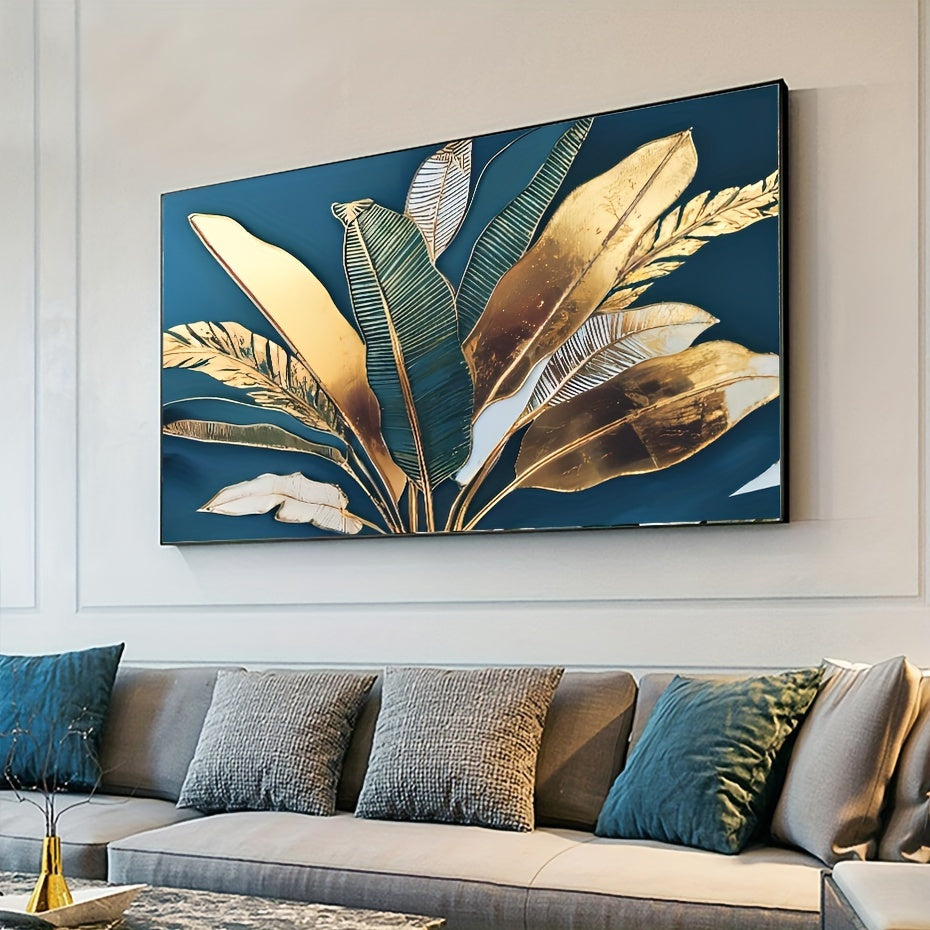 1pc Vibrant Golden Blue Palm Tropic Leaves Canvas Print- High-Quality Modern Art with Abstract Design, Wooden Frame, Perfect Wall Art, Wall Decor, Winter Decor, Room Decoration for Bedroom, Living Room, Corridor (Wrapped Canvas)