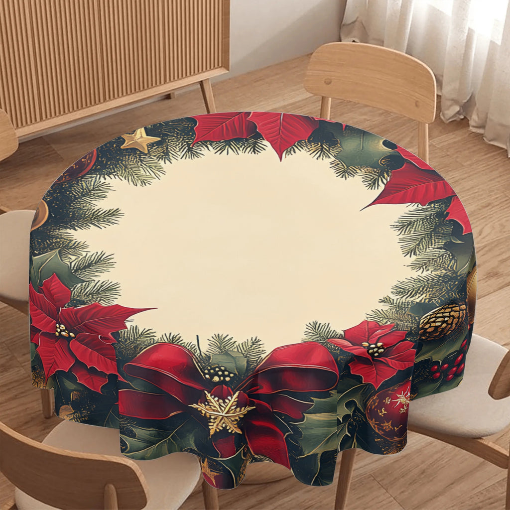 1pc Festive Polyester Round Tablecloth, 60" Machine-Woven Christmas Wreath Design with Poinsettia and Holiday Accents for Kitchen, Catering, and Holiday Gatherings