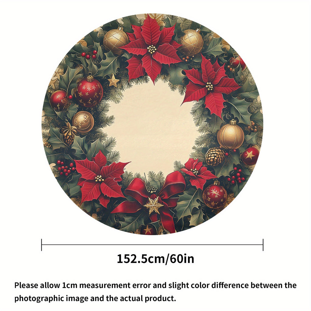 1pc Festive Polyester Round Tablecloth, 60" Machine-Woven Christmas Wreath Design with Poinsettia and Holiday Accents for Kitchen, Catering, and Holiday Gatherings