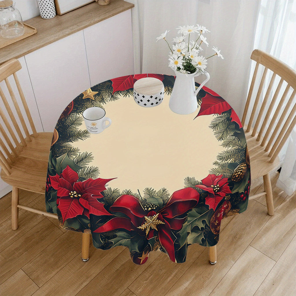 1pc Festive Polyester Round Tablecloth, 60" Machine-Woven Christmas Wreath Design with Poinsettia and Holiday Accents for Kitchen, Catering, and Holiday Gatherings