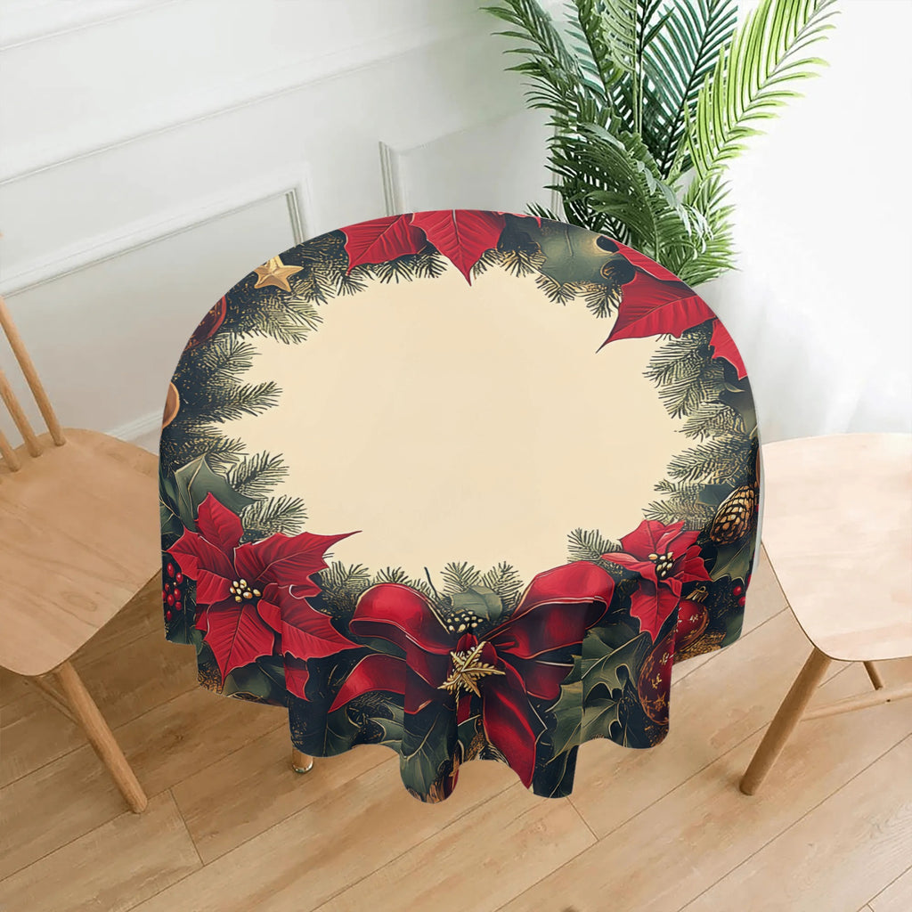 1pc Festive Polyester Round Tablecloth, 60" Machine-Woven Christmas Wreath Design with Poinsettia and Holiday Accents for Kitchen, Catering, and Holiday Gatherings