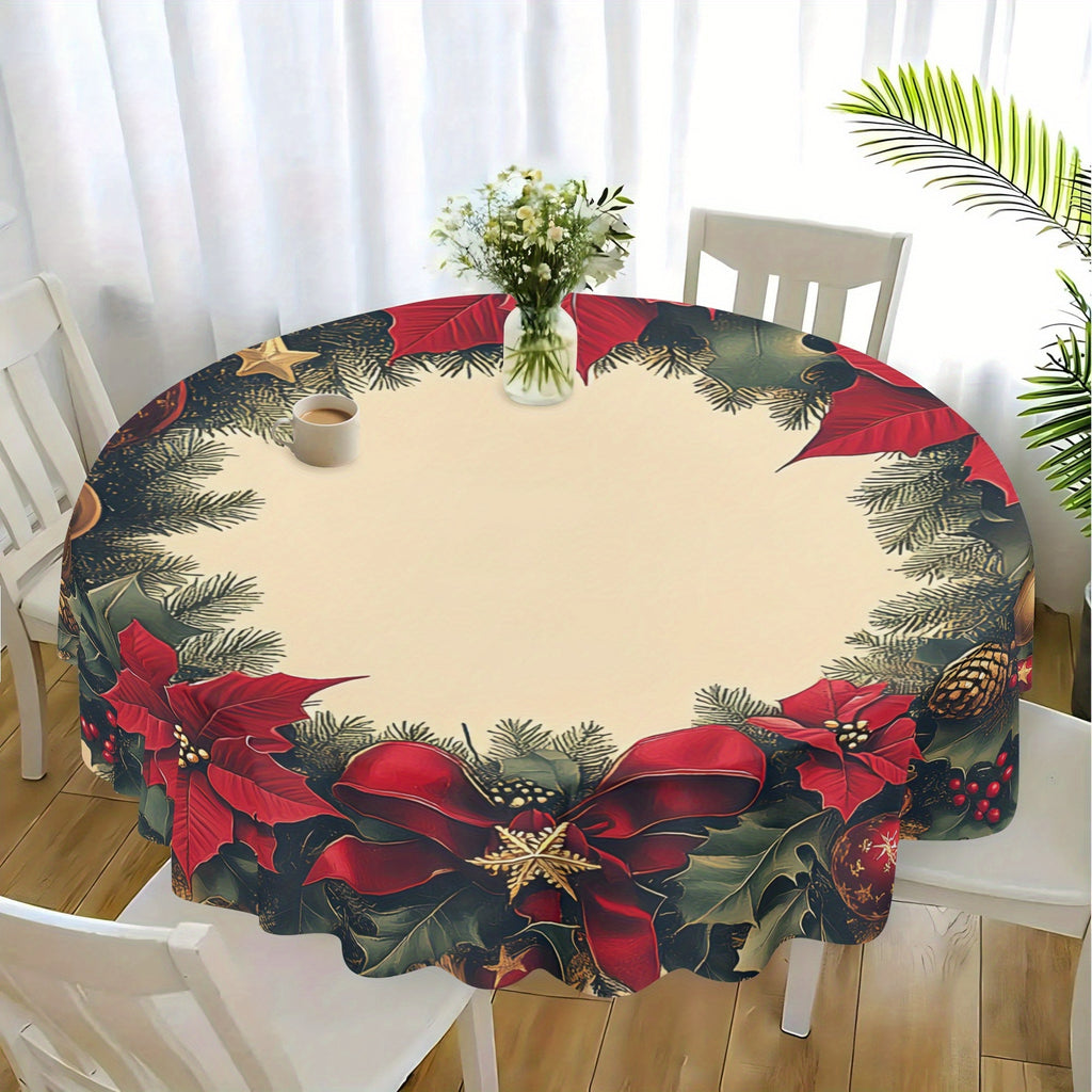 1pc Festive Polyester Round Tablecloth, 60" Machine-Woven Christmas Wreath Design with Poinsettia and Holiday Accents for Kitchen, Catering, and Holiday Gatherings