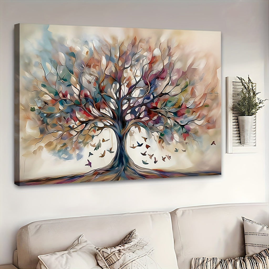 Extra Large Fir Wood Framed Tree of Life Canvas Print- Abstract Yggdrasil Painting Wall Art with Geometric Pattern, Spring Summer Seasons Theme, Ideal for Kitchen, Bathroom, Living Room, Bedroom Decor (Wrapped Canvas)