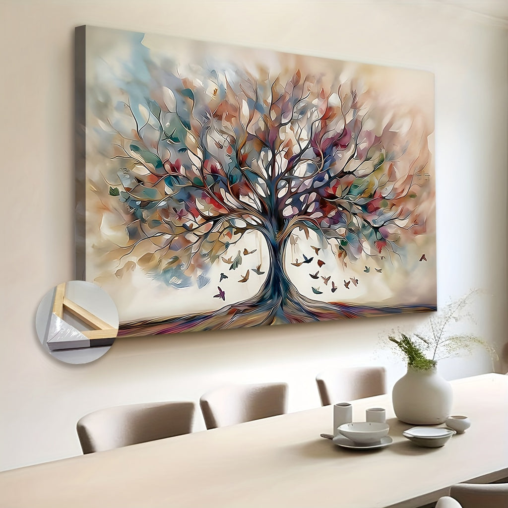 Extra Large Fir Wood Framed Tree of Life Canvas Print- Abstract Yggdrasil Painting Wall Art with Geometric Pattern, Spring Summer Seasons Theme, Ideal for Kitchen, Bathroom, Living Room, Bedroom Decor (Wrapped Canvas)