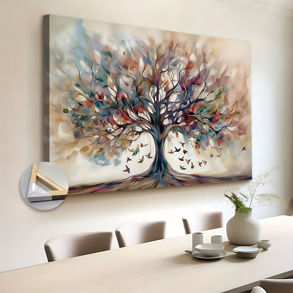 Extra Large Fir Wood Framed Tree of Life Canvas Print- Abstract Yggdrasil Painting Wall Art with Geometric Pattern, Spring Summer Seasons Theme, Ideal for Kitchen, Bathroom, Living Room, Bedroom Decor (Wrapped Canvas)