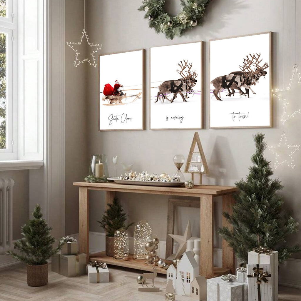 Three-piece set of exquisite Christmas Santa Claus riding a reindeer pattern, art canvas printed decorative painting unframed, suitable for Christmas gifts, bedroom living room decoration, perfect choice for gift giving