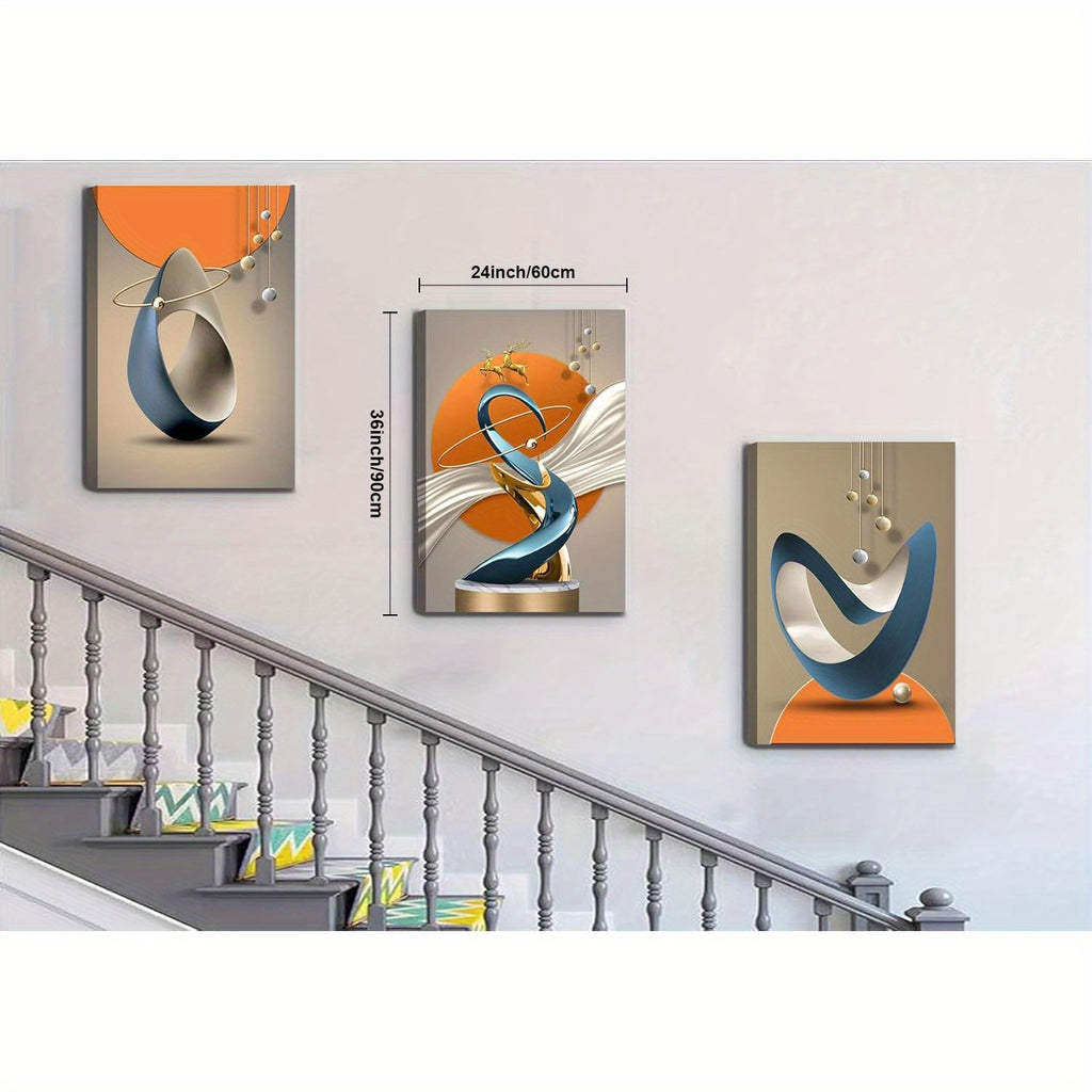 Framed Wrapped Canvas Modern Abstract Canvas Wall Art - Luxury Aluminum Cable Painting Pictures - White Blue Orange Gray - Suitable for Living Room Bedroom Office - Perfect Gift for Art Lovers