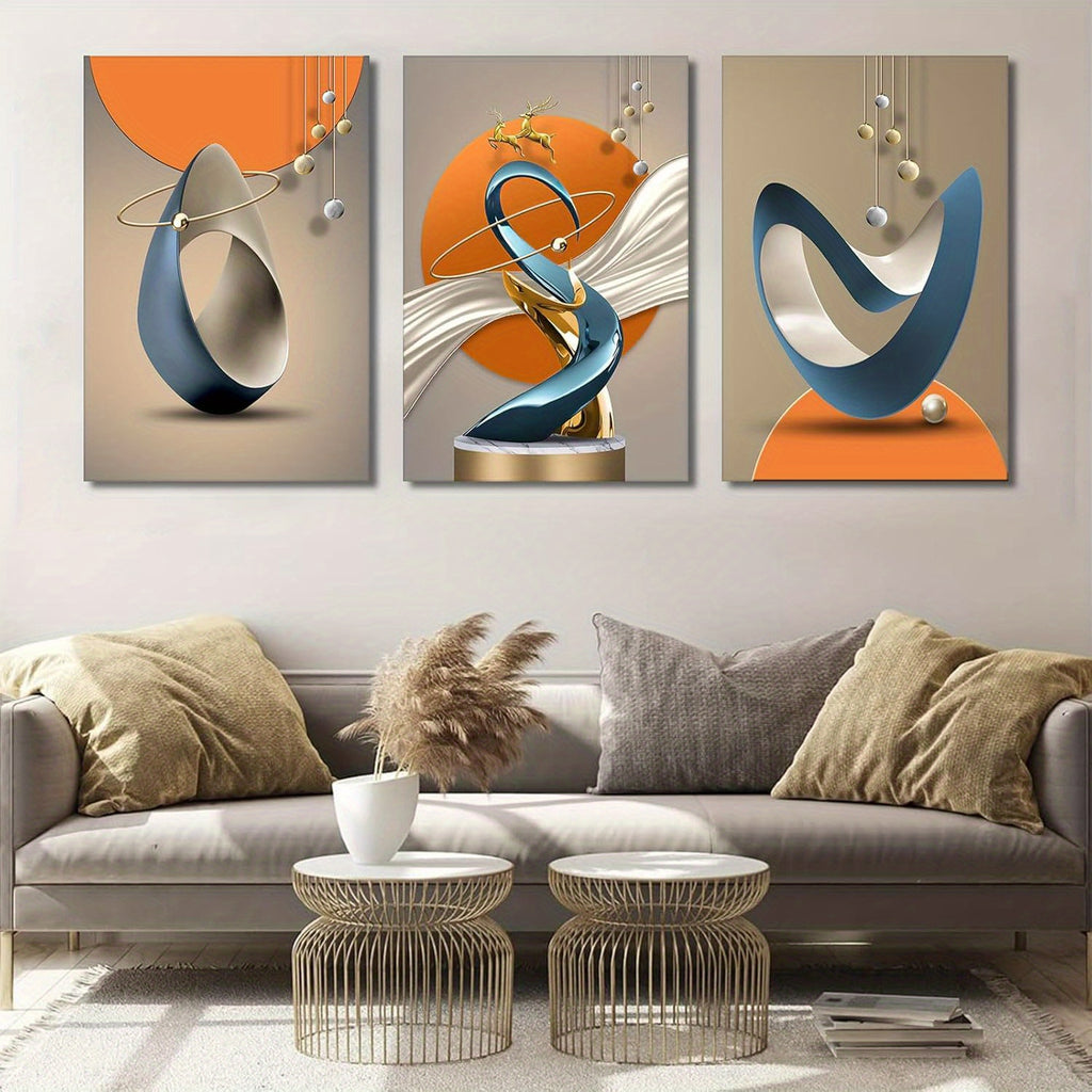 Framed Wrapped Canvas Modern Abstract Canvas Wall Art - Luxury Aluminum Cable Painting Pictures - White Blue Orange Gray - Suitable for Living Room Bedroom Office - Perfect Gift for Art Lovers