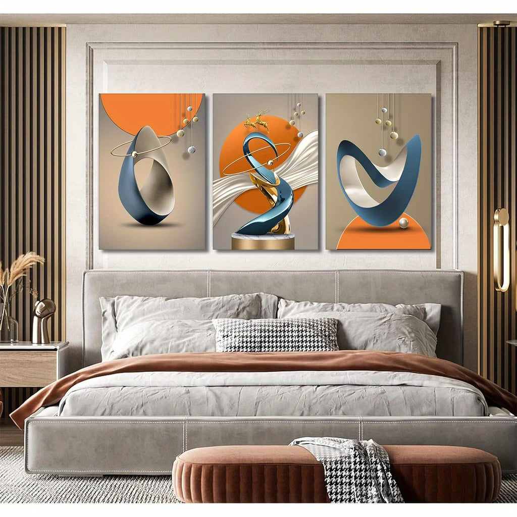 Framed Wrapped Canvas Modern Abstract Canvas Wall Art - Luxury Aluminum Cable Painting Pictures - White Blue Orange Gray - Suitable for Living Room Bedroom Office - Perfect Gift for Art Lovers