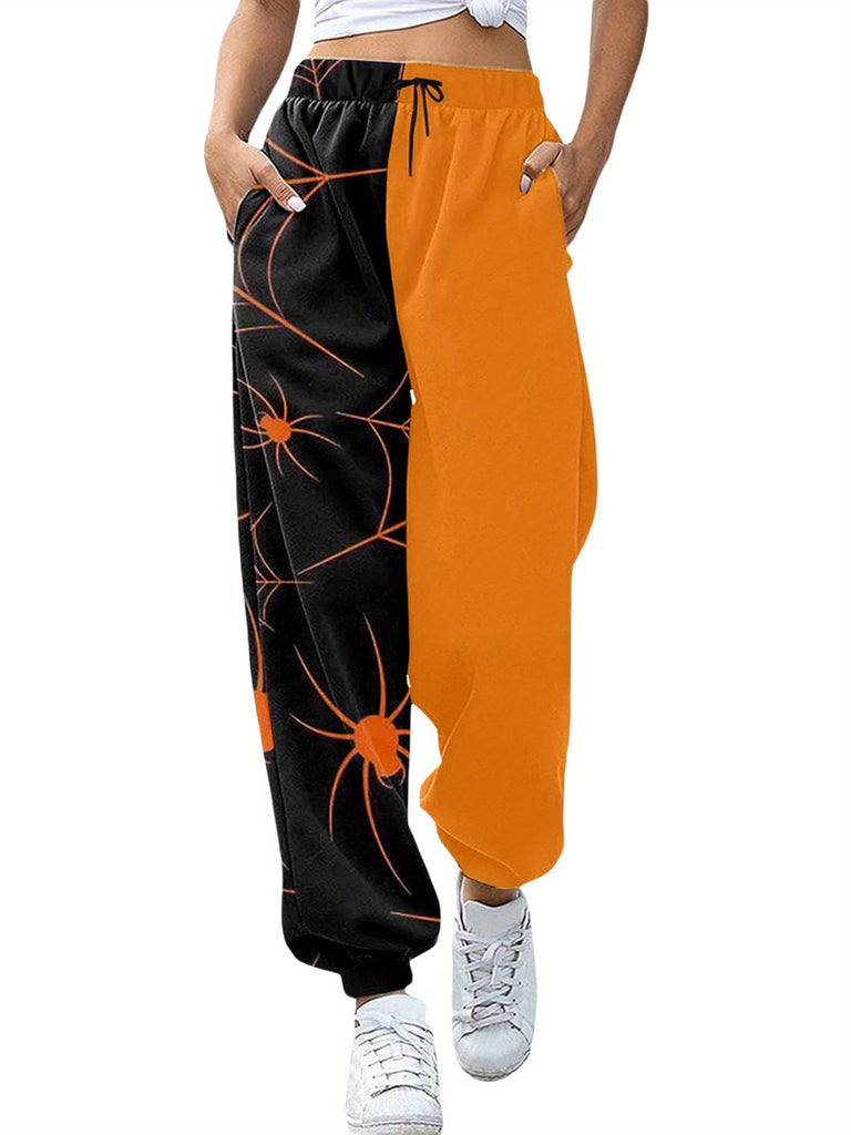 Women's Running Pants Funny Halloween Spider Print High Waist Loose Jogger Trousers with Side Pockets