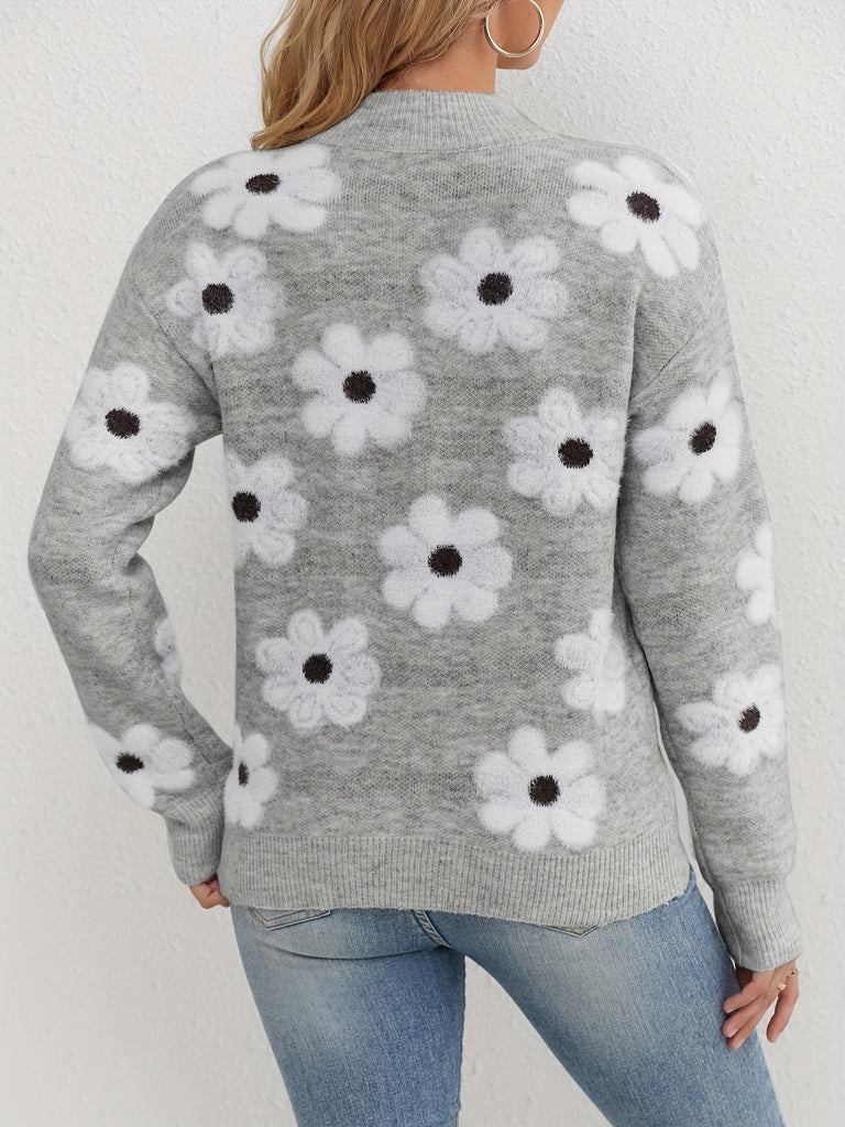 Floral Print Crew Neck Zipper Pullover Sweater, Long Sleeve Knitted Sweater for Women, Fall & Winter Casual Wear