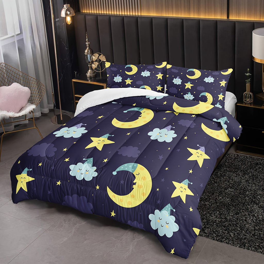 3-Piece Star Night Comforter Set, Cartoon Moon Bedding Set, Stars Comforter Set, Star And Moon Bedding Cloud, Starry Night Bedding Set 1 Quilt 2 Pillowcases