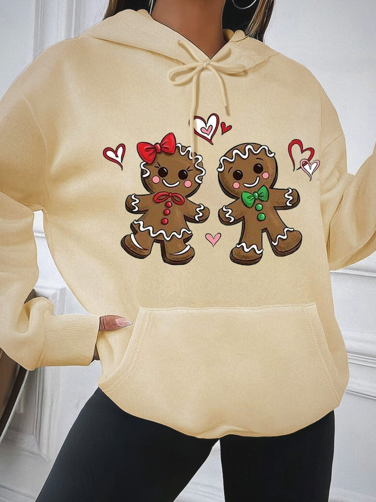 Christmas Gingerbread Man Print Hoodie, Casual Long Sleeve Kangaroo Pocket Hooded Sweatshirt, Women's Clothing