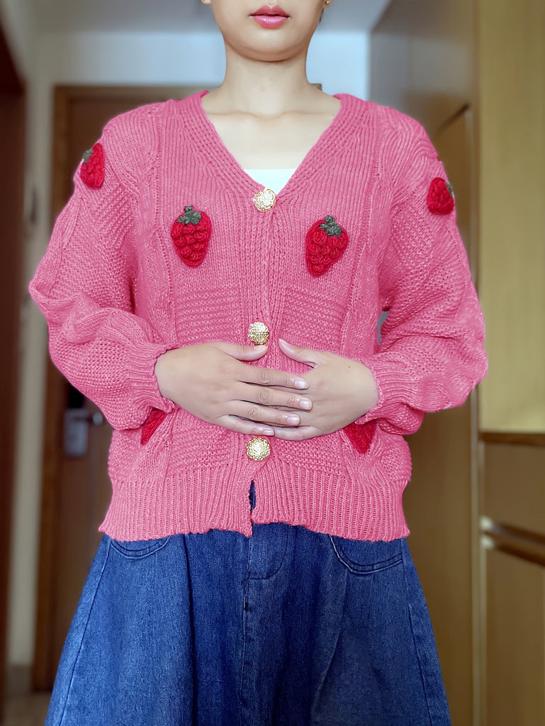 Strawberry Pattern Button Down Cable Knit Cardigan, Elegant Long Sleeve Sweet Sweater, Women's Clothing