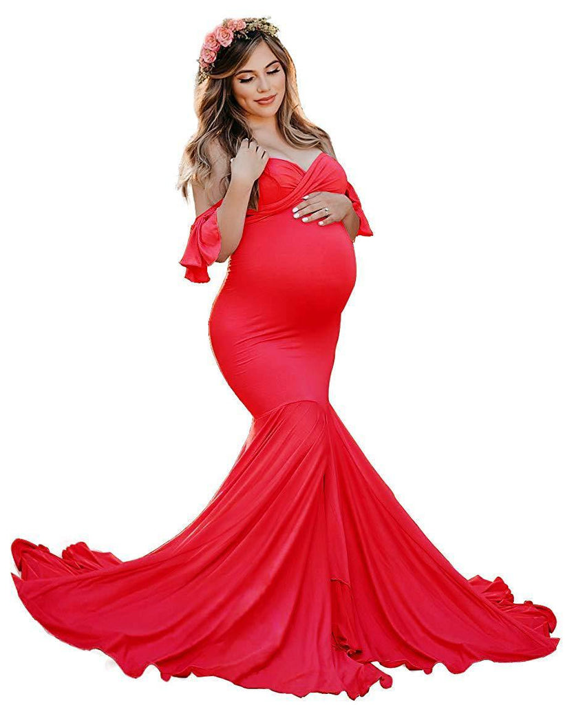 Women's Mercerized Cotton pregnant women's Ruffle sleeve cross V-neck tailed dress photography dress