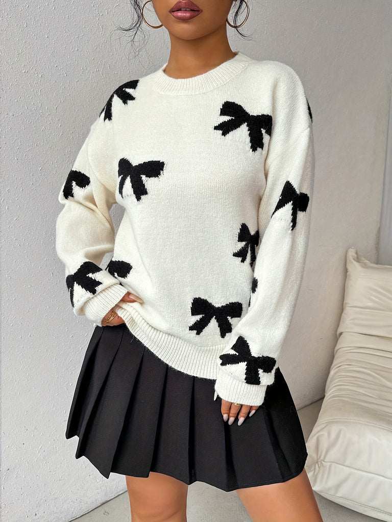 Women's Butterfly Pattern Crew Neck Pullover Sweater - Casual Knit Fabric with High Stretch, Long Sleeve Regular Fit, Polyester Blend (Polyester 27%, Polyamide 23%, Viscose 50%)