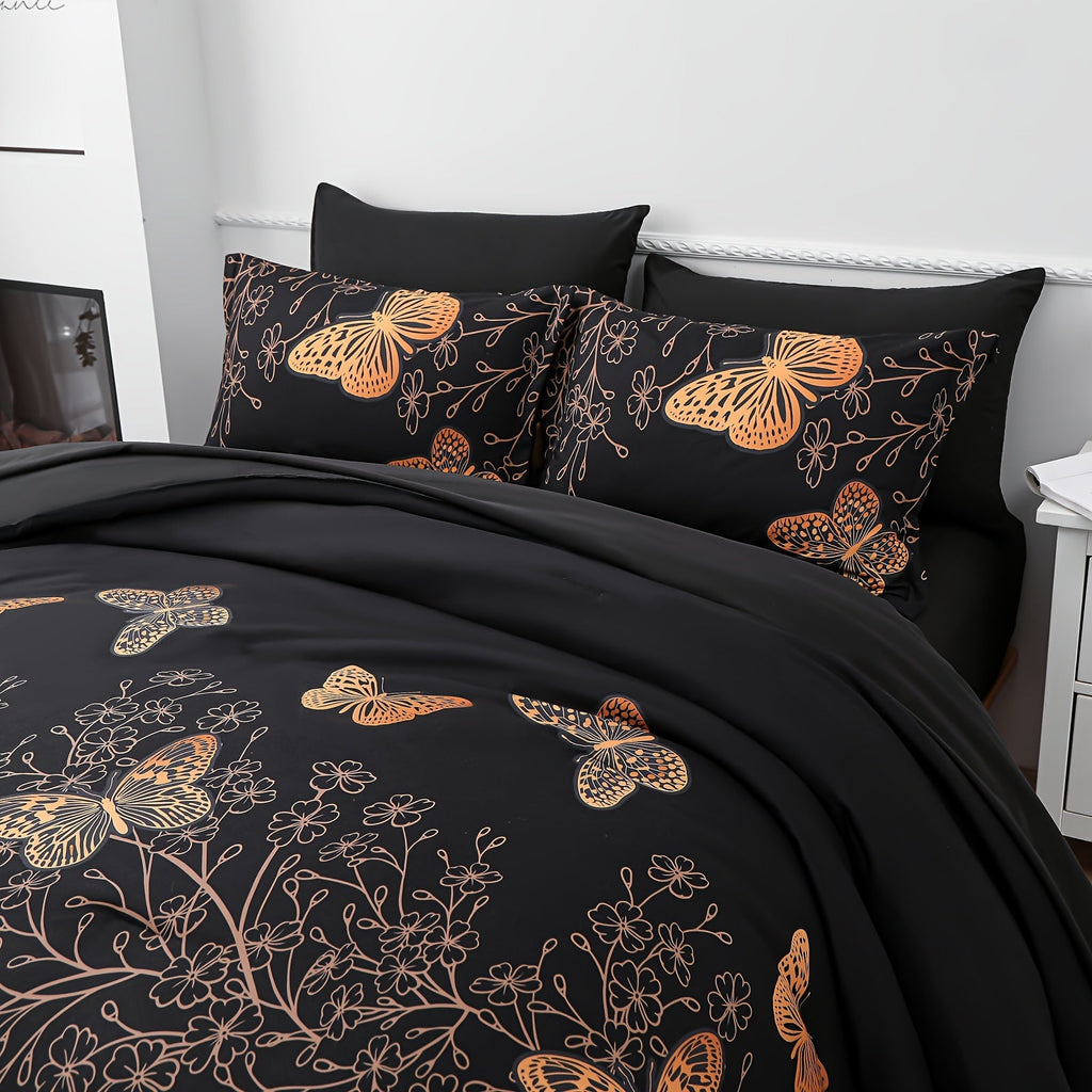 7Pcs Erosebridal Golden Butterfly Print Comforter Set - Stain Resistant, Ultra Soft Microfiber, Lightweight, Woven Bedding With 100% Polyester Fiber Fill - Queen/King Size Bed In A Bag For All Seasons