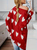 Women Off Shoulder Knitted Pullovers Sweater Loose Long Sleeve Hearts Printed Ripped Tops