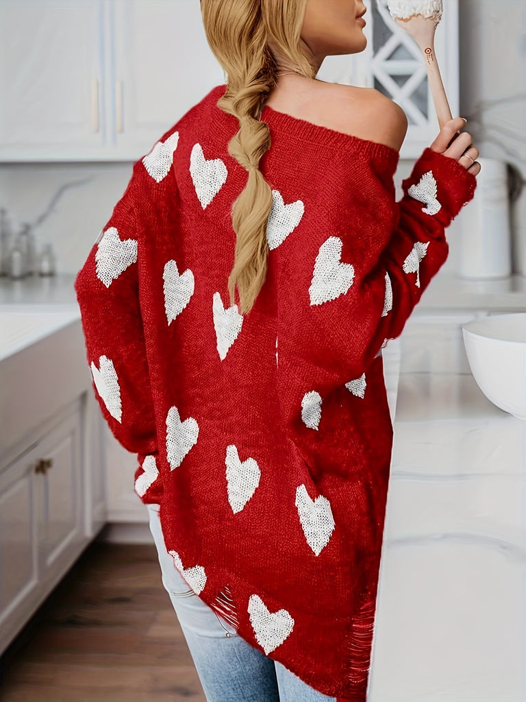 Women Off Shoulder Knitted Pullovers Sweater Loose Long Sleeve Hearts Printed Ripped Tops