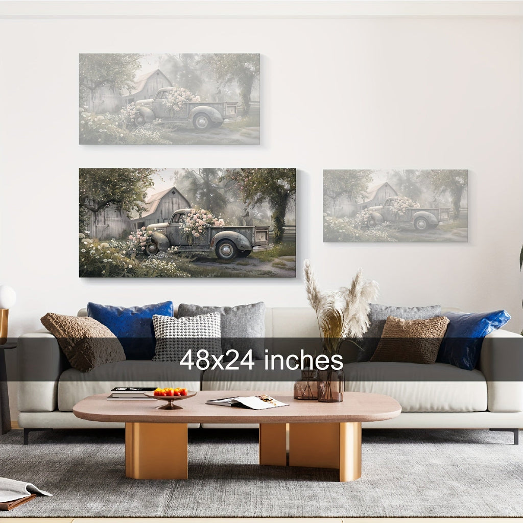 1pc Farmhouse Canvas Wall Art - Blue Old Truck Barn Paintings Vintage Pickup with Blooms on Country Roads Antique Vehicle Artwork Prints - Canvas - For Home Decor - Perfect Gift for Country Lovers & Vintage Enthusiasts - Living Room, Guest Bedroom Decor