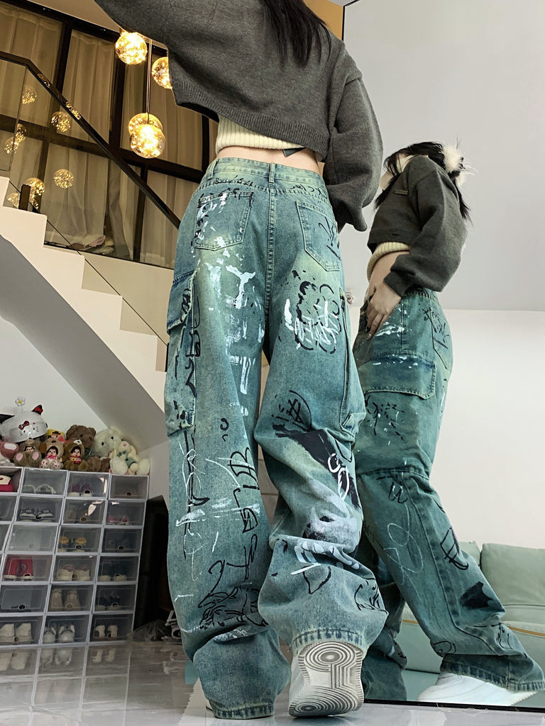 Women's Casual Geometric Graffiti Pattern Wide-Leg Denim Jeans, Cotton Blend, Slight Stretch, All-Season Washed Vintage Streetwear, Straight Fit Button Fly Long Pants