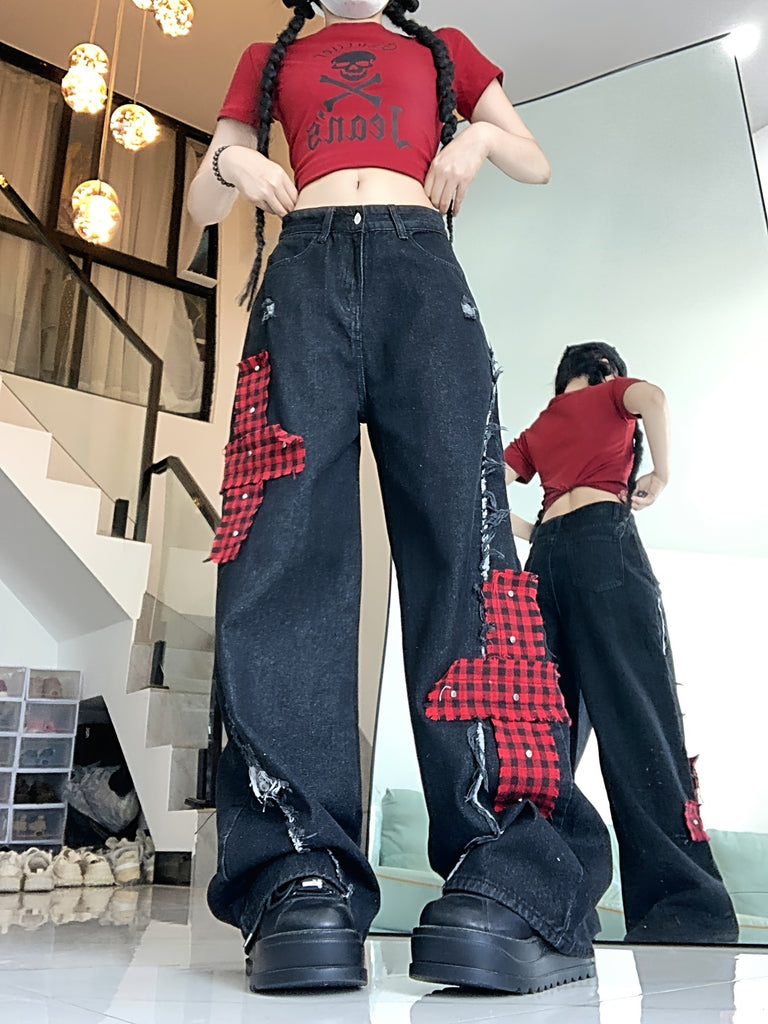 Plaid Print Cross Patchwork Streetwear Chic Loose Fit Wide Leg Jeans, Women's Denim Jeans & Clothing