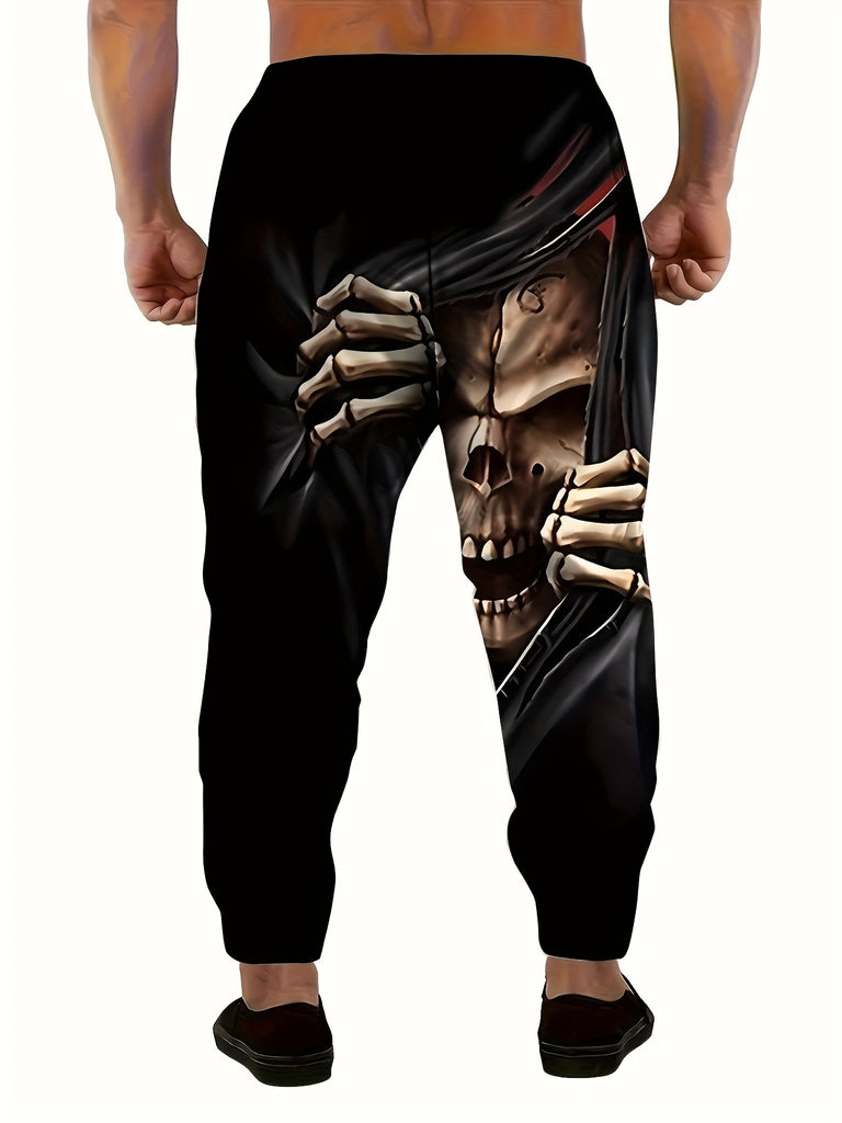 Men's 3D Halloween Grim Reaper Print Joggers - Casual Drawstring Sweatpants with Pockets, Polyester Blend, Machine Washable, for Halloween, Autumn, Spring