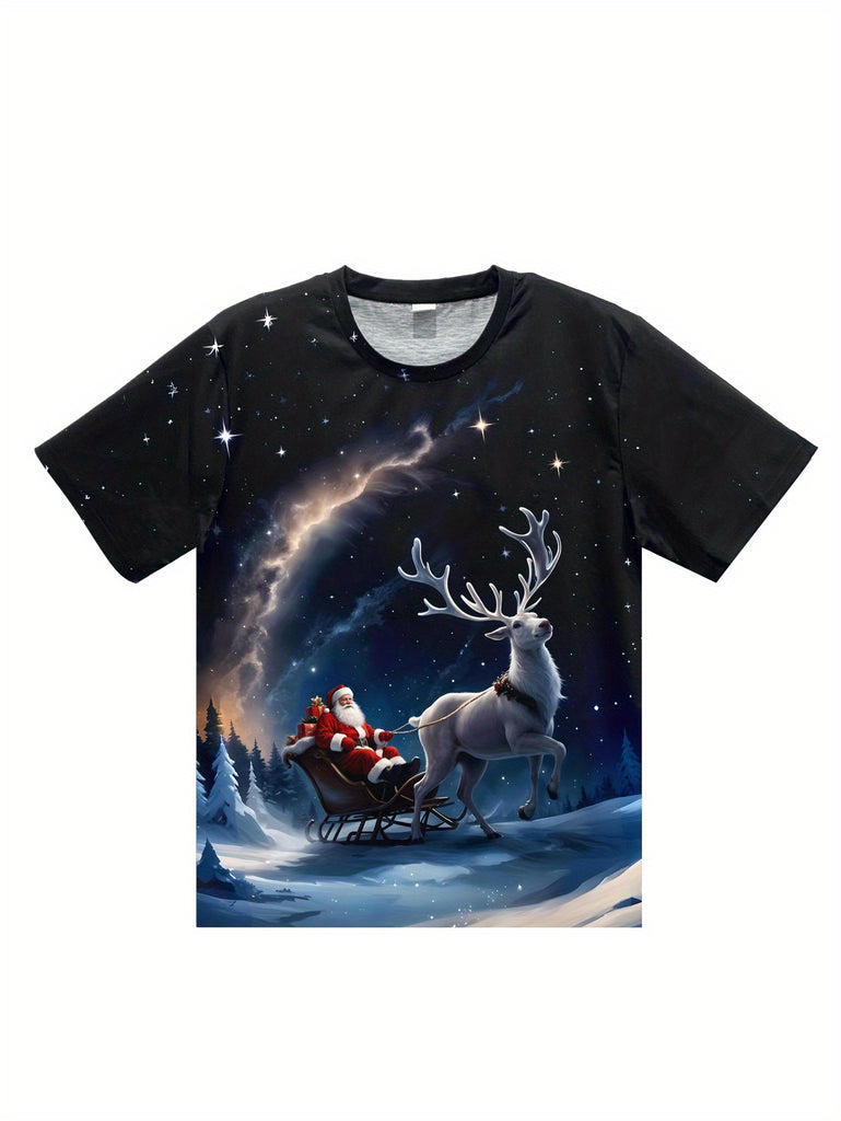 Men'S Christmas Santa Claus and Elk 3D Print T-Shirt, Casual Round Neck Short Sleeve, Polyester Knit Fabric, Regular Fit, Summer Fashion Top for Adults