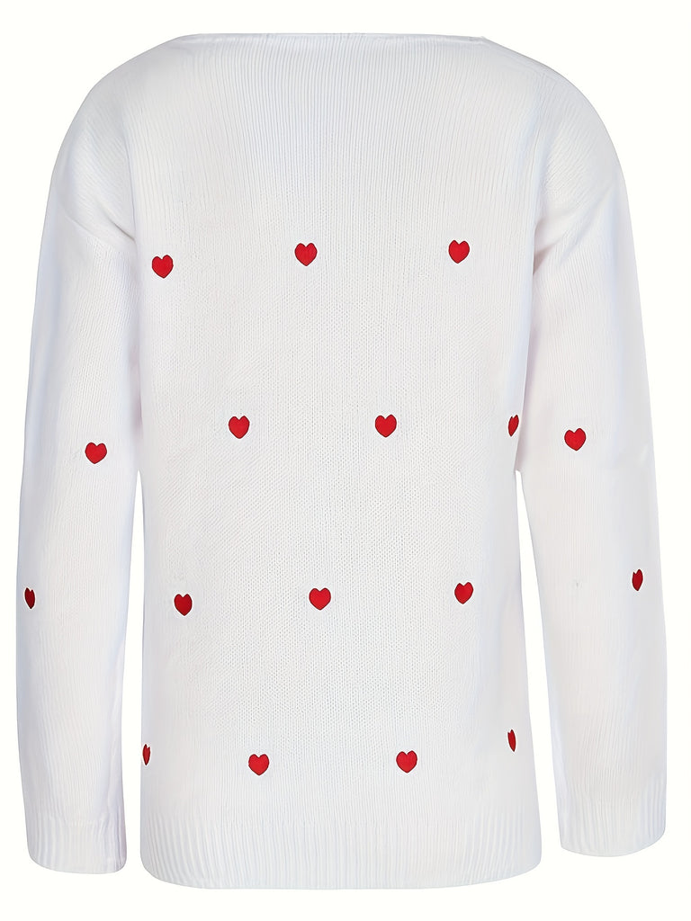 Valentine's Day Heart Print Sweater, Casual V Neck Long Sleeve Sweater For Fall & Winter, Women's Clothing