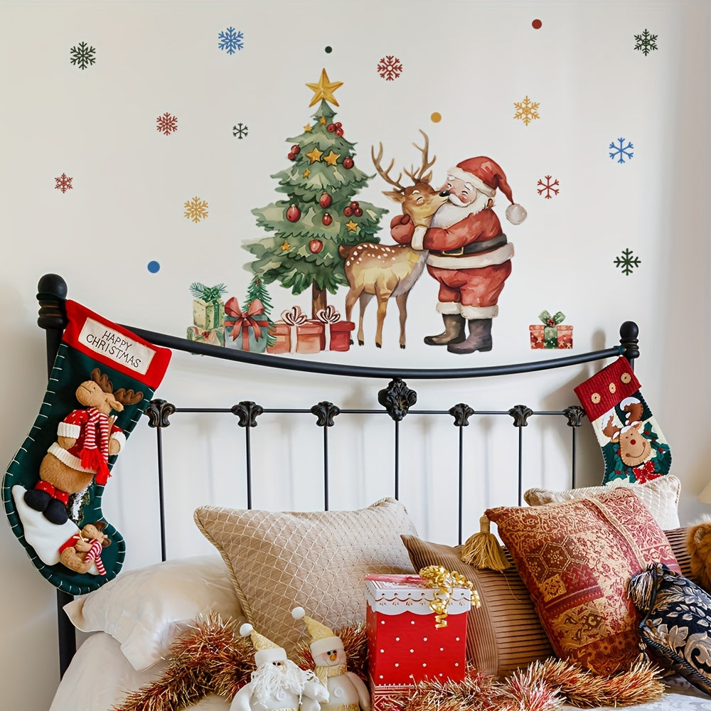 Santa Claus, Christmas Tree & Reindeer Wall Decals - Self-Adhesive Holiday Decor for Bedroom, Living Room & Entryway