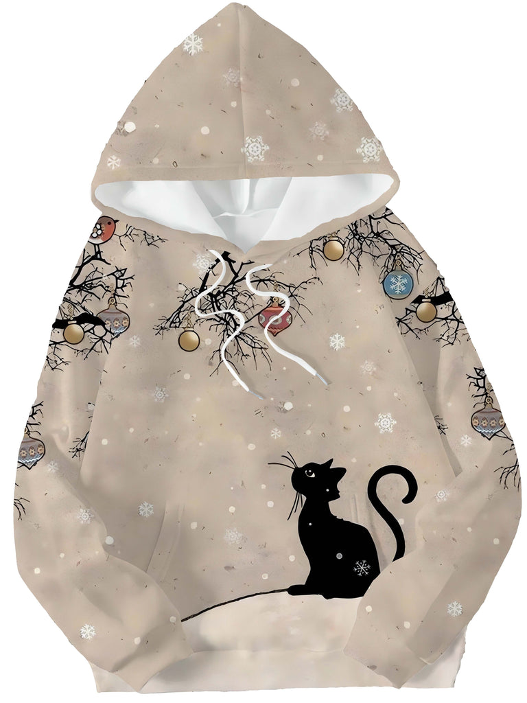 Women's hooded sweatshirt with Christmas snowflake cat pattern print, Spring and Autumn women's hooded pullover, as a Christmas gift