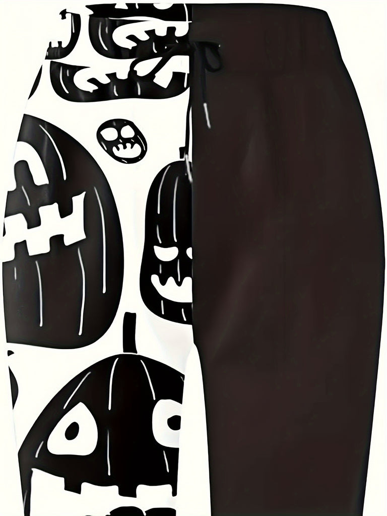 Pumpkin Print Colorblock Baggy Joggers, Casual Drawstring Elastic Waist Pants, Women's Clothing