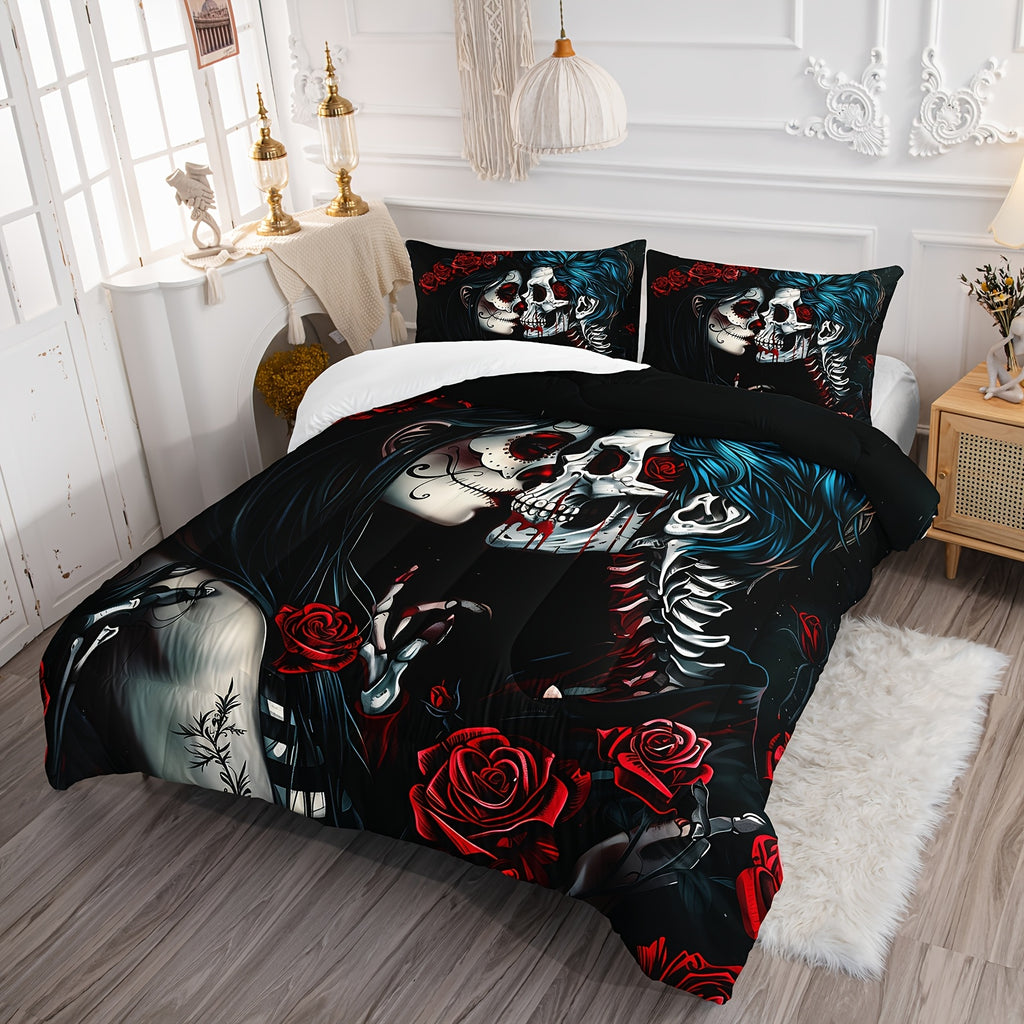 Skull Printed Quilt Set. Polyester Comforter Set with A Dark Black Pattern. Soft And Comfortable. It Contains 1 Quilt Set And 2 Pillowcases