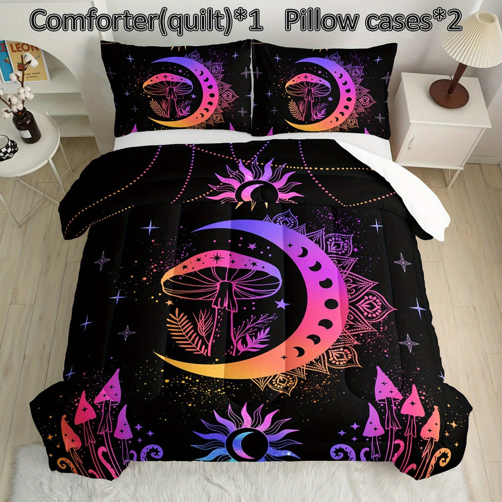 3Pcs Sun And Moon Bedding Set, Mushroom Comforter Set Boho Exotic Style Bedding Set Cosmic Planets, Bohemian Bedding Astrology Comforter For Adults Women, 1 Quilt 2 Pillowcases, Black (Without Core)