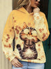 Chic Cat Print Hoodie for Women - Casual Long Sleeve Pullover, Machine Washable, Polyester Blend