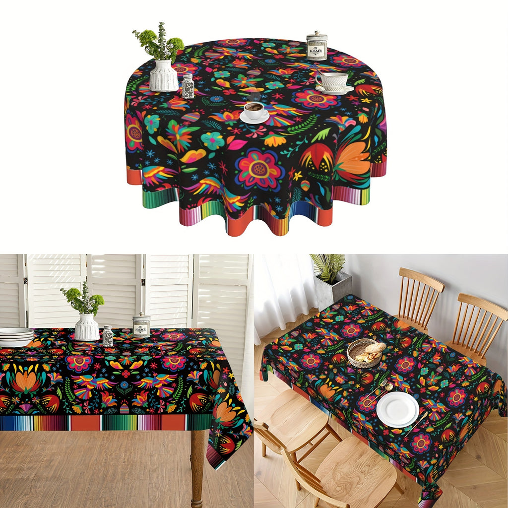 1pc Vibrant Mexican Fiesta Table Cover - Stain & Wrinkle Free, Easy Care, Durable Polyester Tablecloth - Perfect for Cinco De Mayo, Day of the Dead, Home Kitchen, Dining, Picnic Decorations and Parties