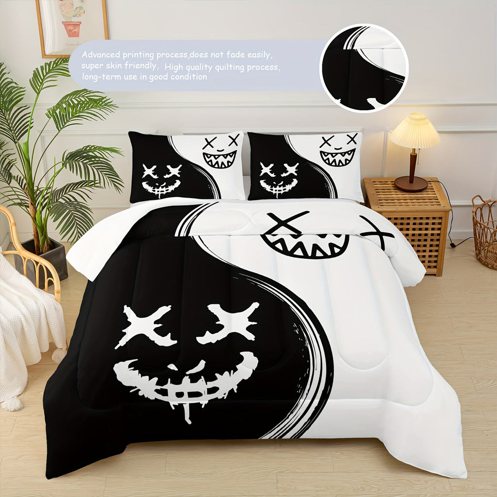 3 Piece Black And White Puzzle Comforter Set, Cartoon Anime Bedding, Cartoon Gothic Bedroom Decor (1 Comforter + 2 Pillowcases), Comforter For All Seasons, Soft, Comfy And Breathable Printed Bedding For Home Dorm Decoration