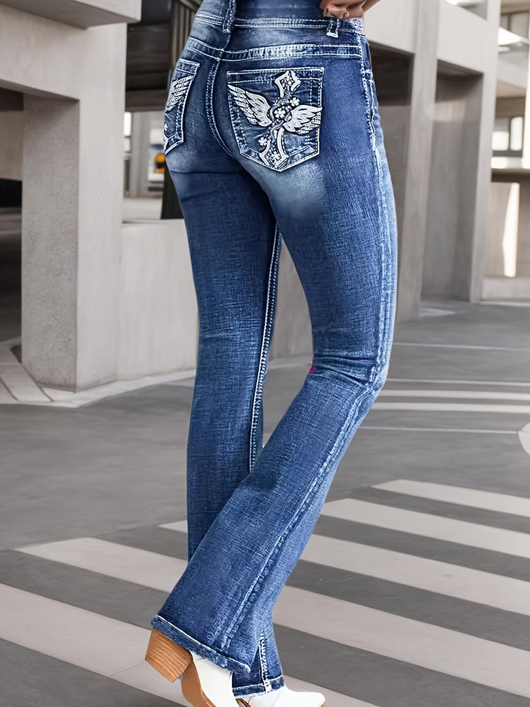 New High-waisted Fashionable And Versatile Stretch Jeans For Fall 2024, Comfortable And Slim Embroidered Bootcut Jeans In Blue