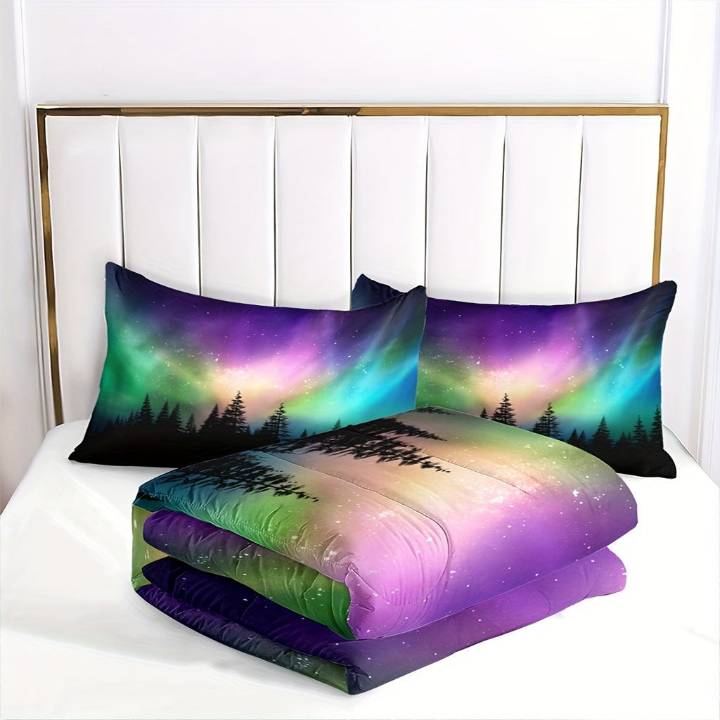 Magic Forest Colorful Comforter Set 3 Pieces King Size Galaxy Outer Space Multicolored Northern Lights Aurora Borealis Canadian 1 Quilt Comforter 2 Pillowcases (Without Core) Soft Cozy Bedding For Bedroom Guest Room